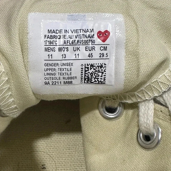 Comme des Garcons Play x Converse Chuck 70 High Top Sneakers Size 11 Grey - Picture 8 of 8